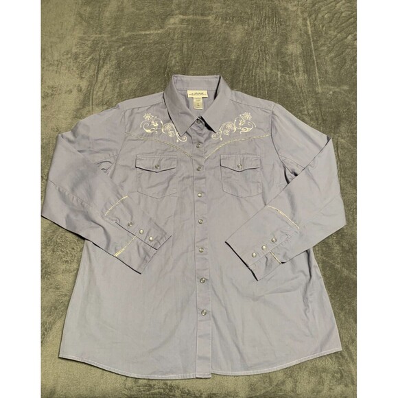 Back in the Saddle Shirt XL Blue Embroidered Flower Pearl Snap Western Cowgirl - Picture 13 of 16